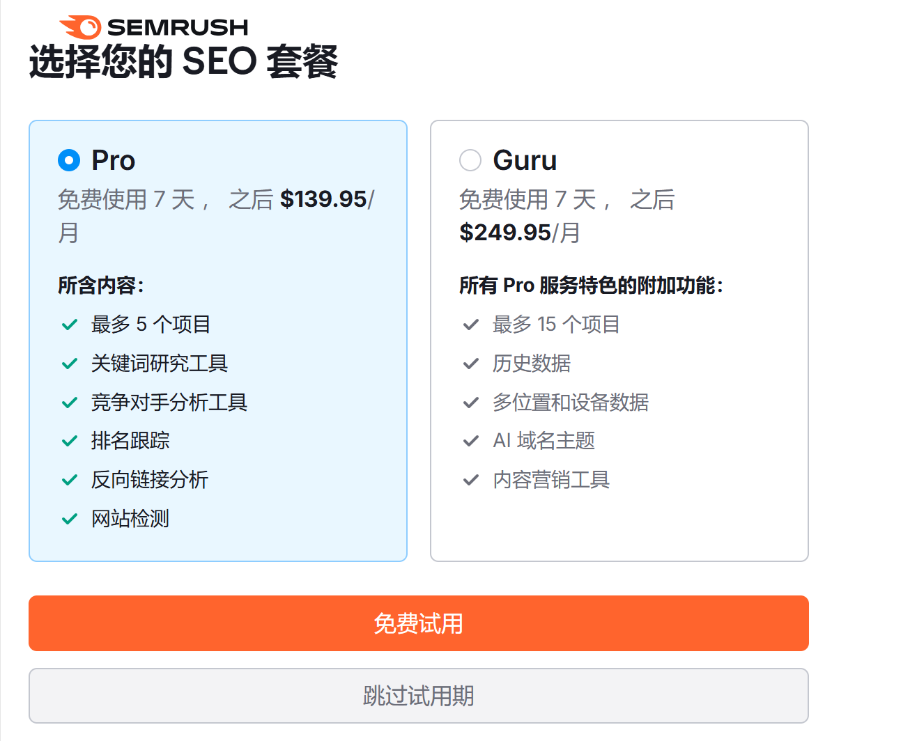 SEMrush 套餐
